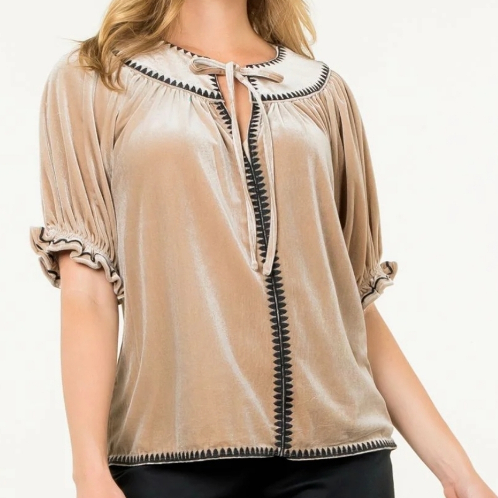 THML Nina Embroidered Velvet Tie Top